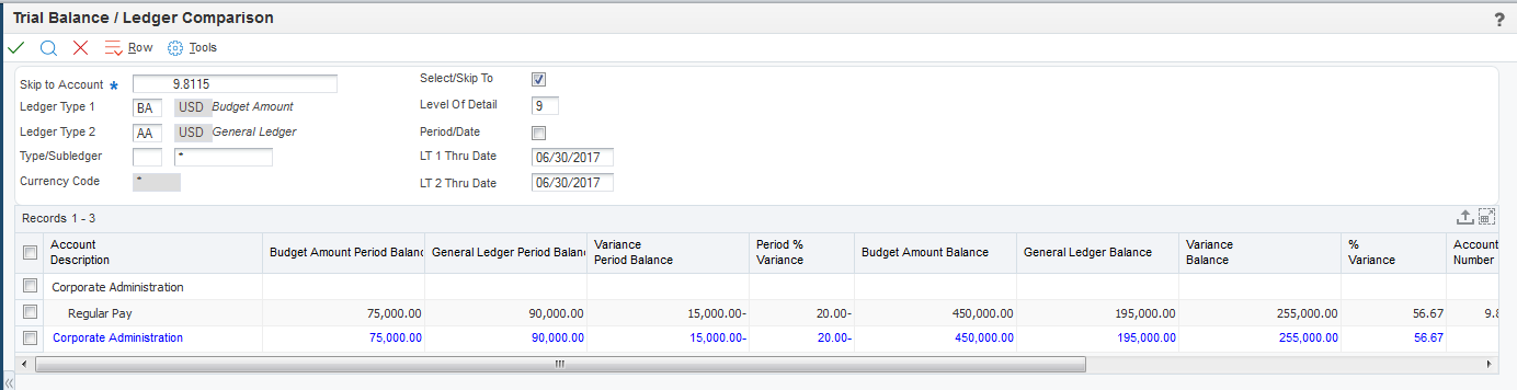 Trial Balance / Ledger Comparison form