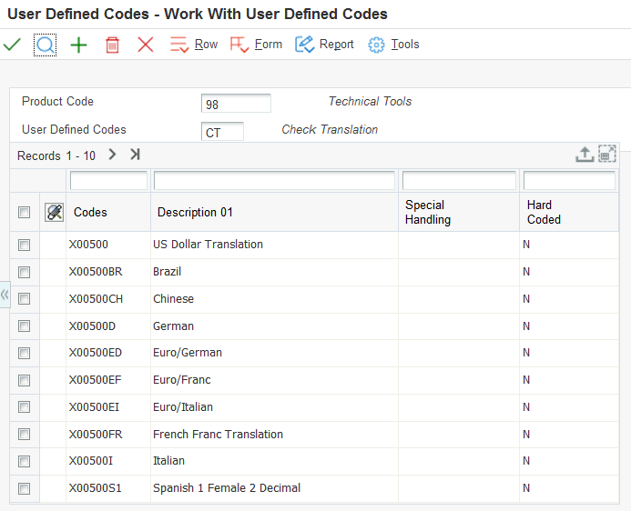 Work With User-Defined Codes form