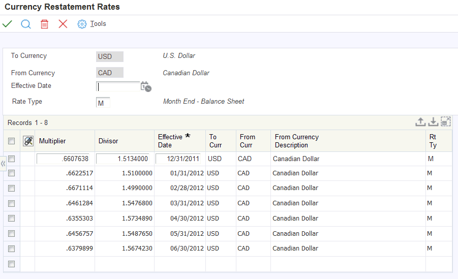 Currency Restatement Rates form