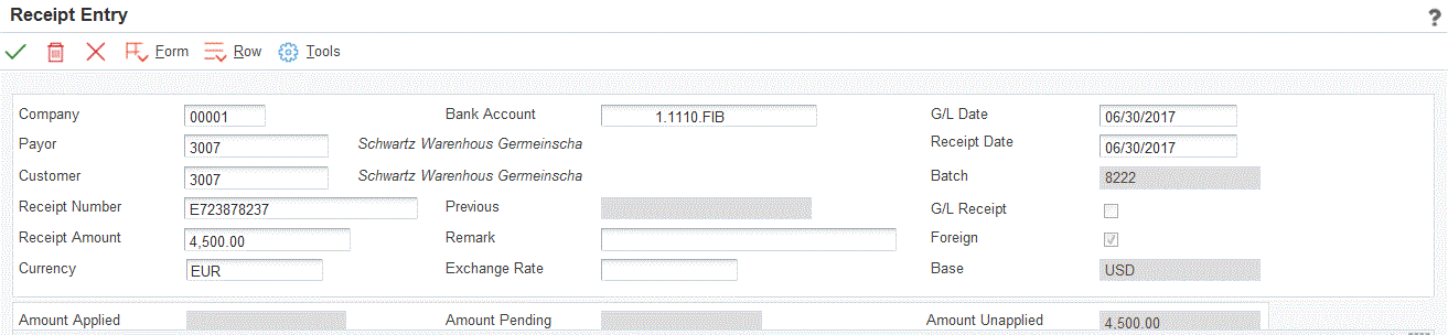 Receipt Entry form