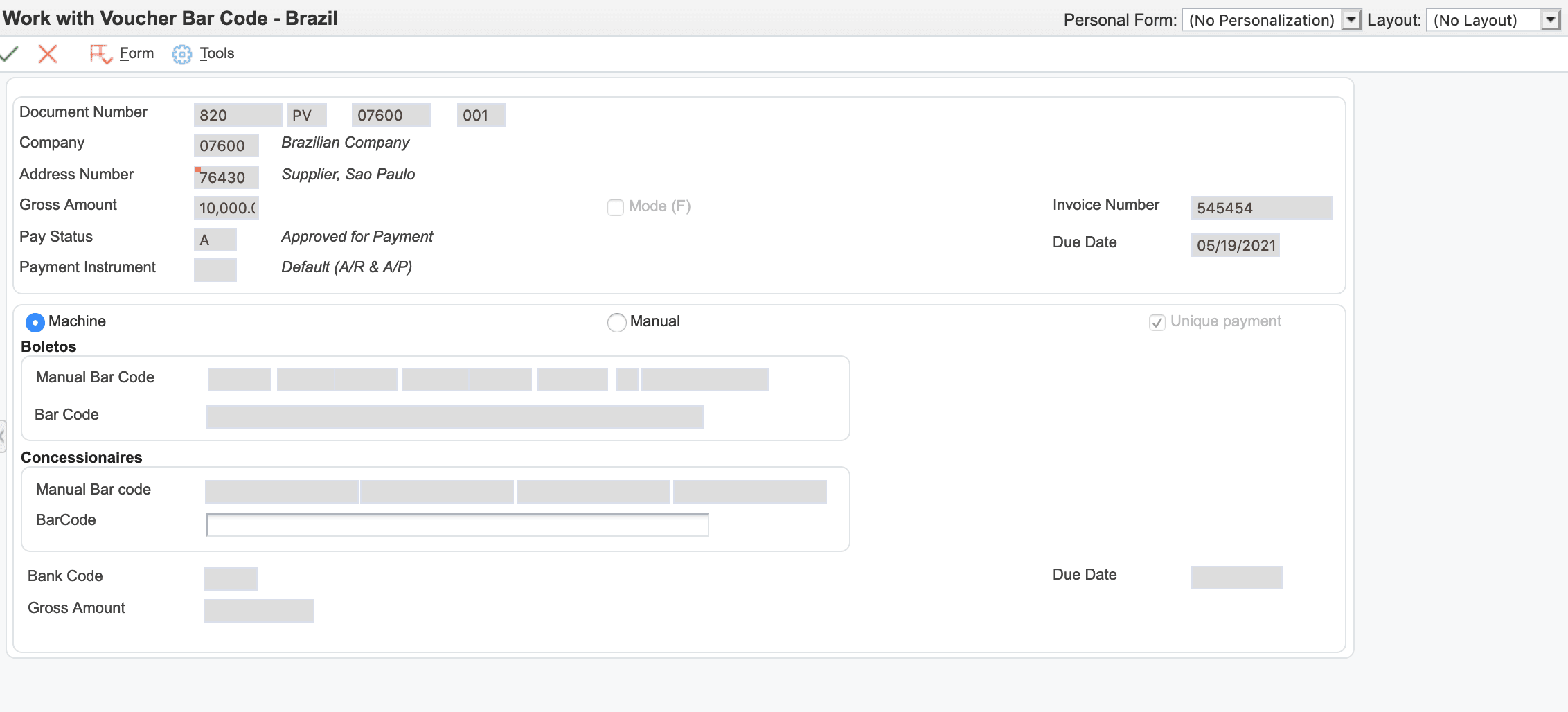 Work with Voucher Bar Code - Brazil form