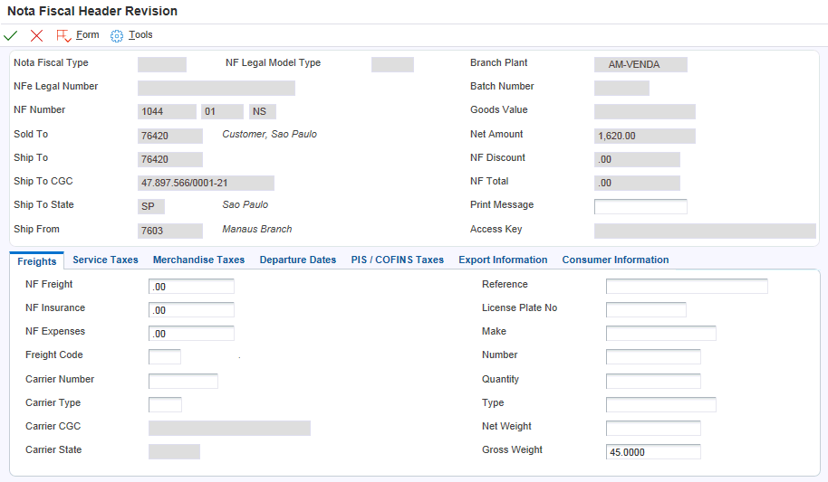 Nota Fiscal Header Revision form