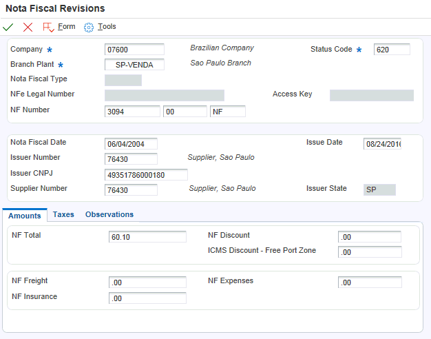 Nota Fiscal Revisions form