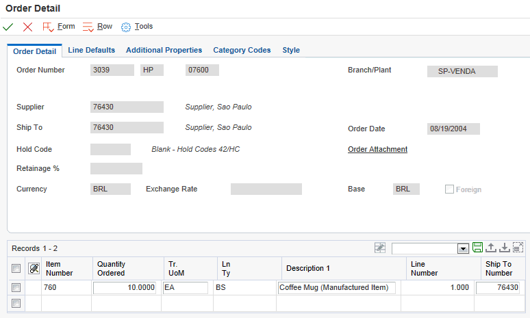 Order Header form