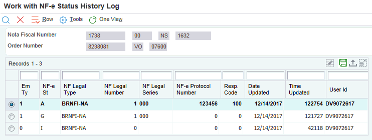 Work with NF-e Status History Log form