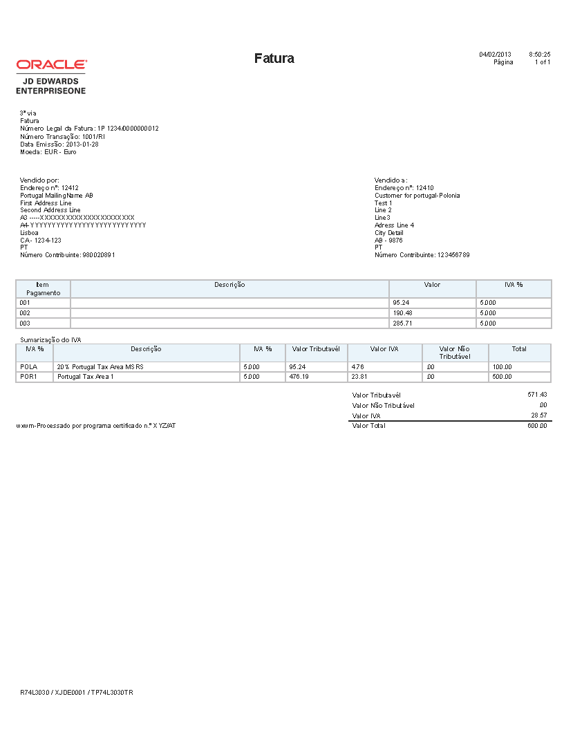 Sample AR Invoice Print for Portugal