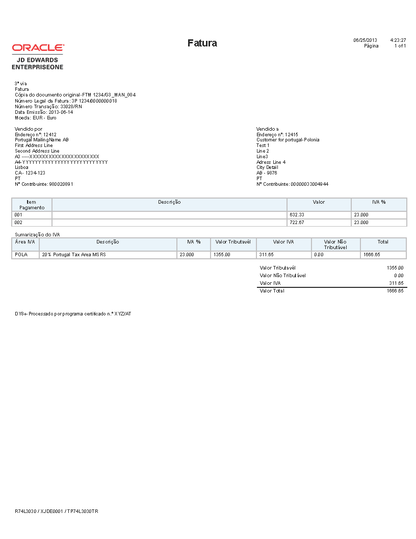 Sample Manual Invoice Print for Portugal