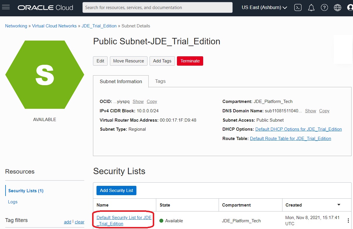 VCN Details - Subnets - Add Security List