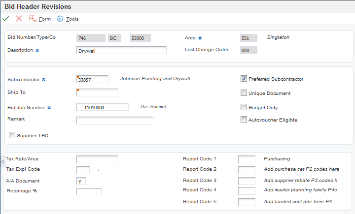 Bid Header Revisions form