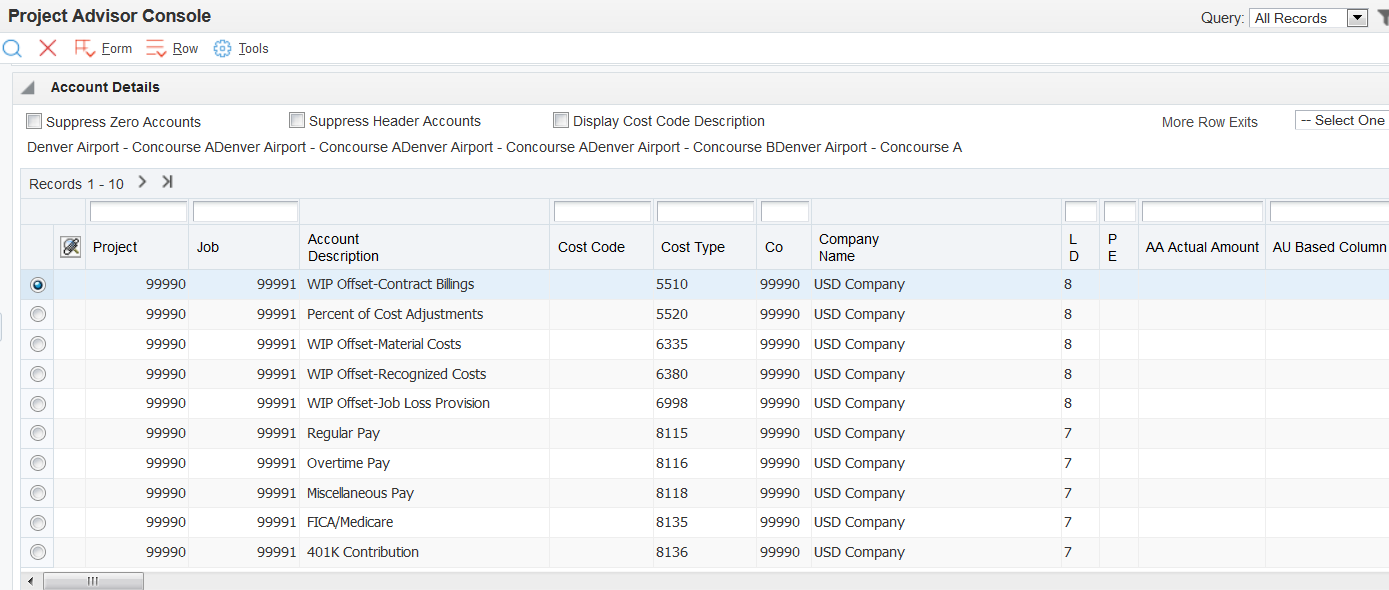 Project Advisor Console form: Account Details subform