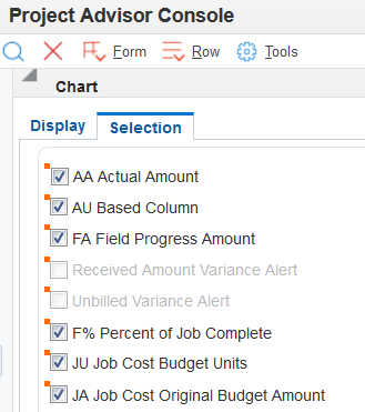 Project Advisor Console form: Selection tab