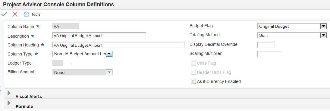 Project Advisor Console Column Definition form: Non-JA Budget Amount Ledgers