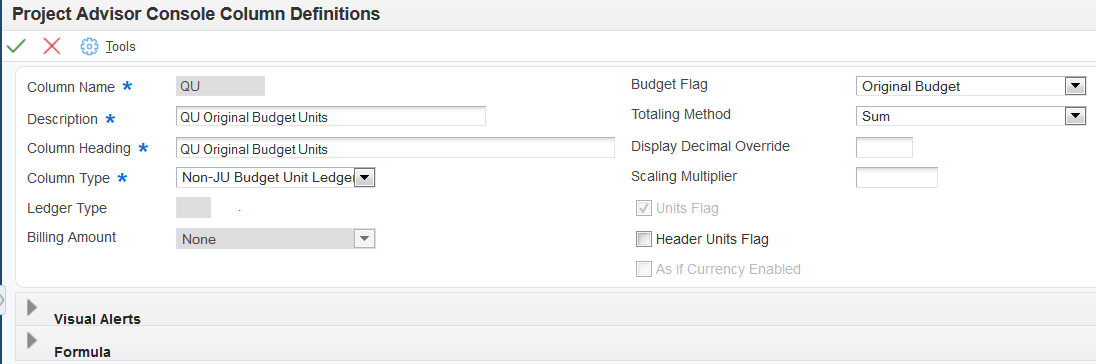 Project Advisor Console Column Definitions form: Non-JU Budget Unit Ledgers