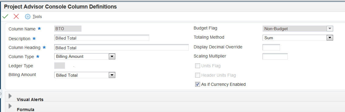 Project Advisor Console Column Definitions form: Billing Amounts