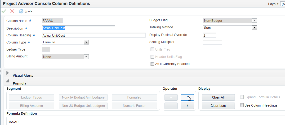 Project Advisor Console Column Definitions form: Formula