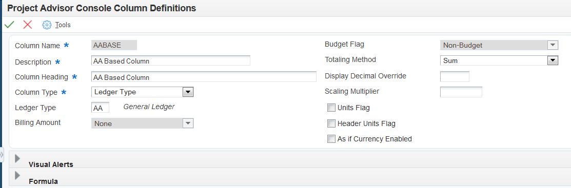 Project Advisor Console Column Definitions form: Ledger Type