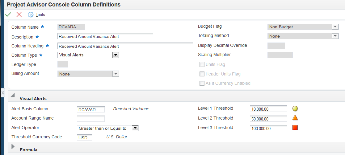 Project Advisor Console Column Definitions form: Visual Alerts