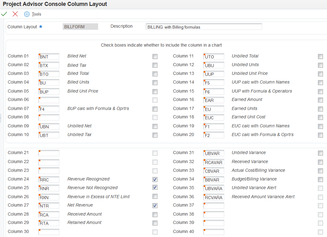 Project Advisor Console Column Layout form