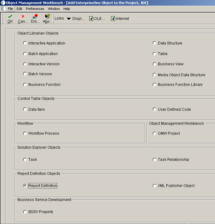 Object Management Workbench - Add Enterprise Object to the Project form.