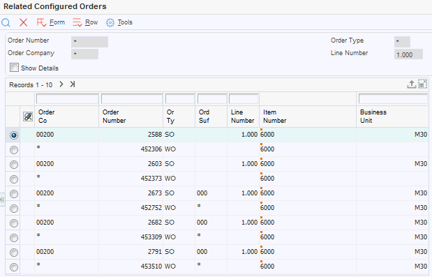 Related Configured Orders form