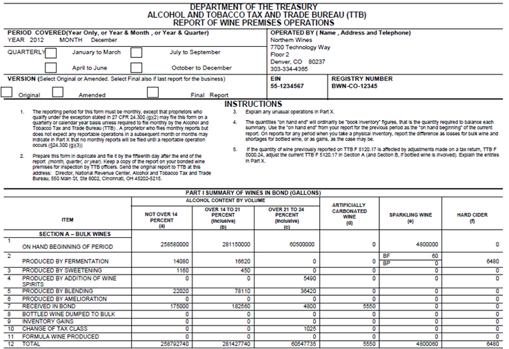 Wine Premises Operations Report - Form 5120.17