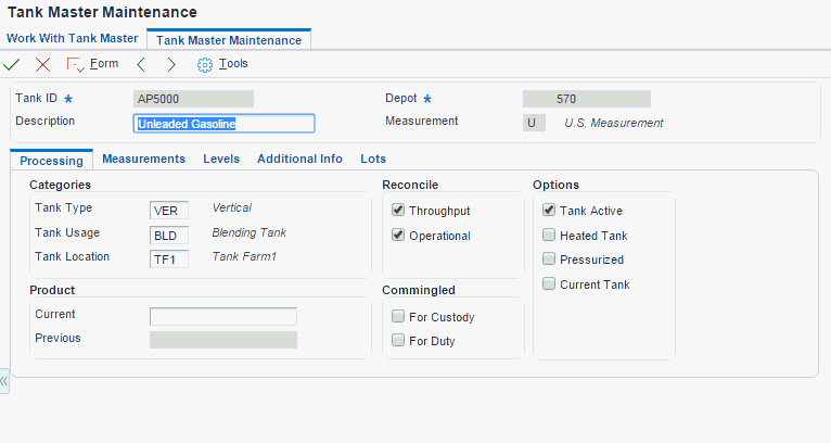 Tank Master Maintenance form