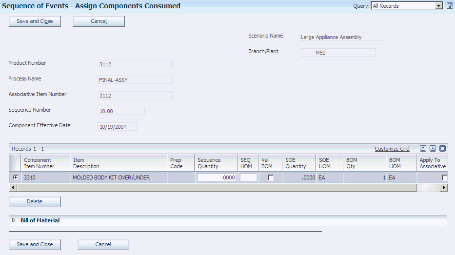Assign Components Consumed form (1 of 2)