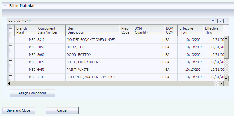 Assign Components Consumed form (2 of 2)