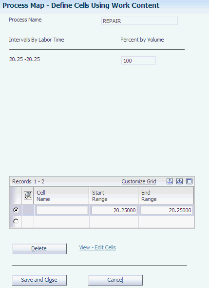 Define Cells Using Work Content form