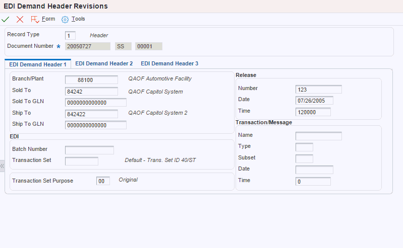 EDI Demand Header Revisions form: EDI Demand Header 1 tab