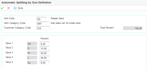Automatic Splitting by Size Definition form