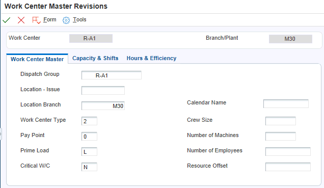 Work Center Master Revisions form