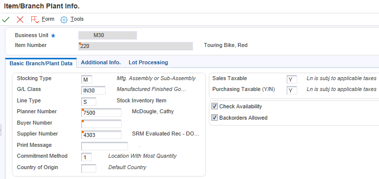 Item/Branch Plant Info form