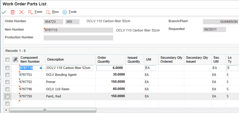 Work Order Parts List form