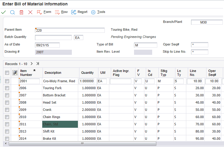 Enter Bill of Material Information form