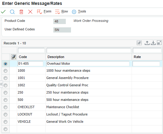 Enter Generic Message/Rates form