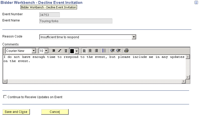Decline Event Invitation form