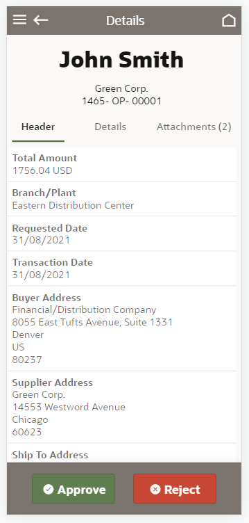 Purchase Orders Details screen