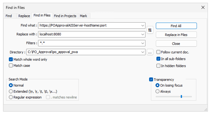 Find in Files values to configure po_approval_mobile files