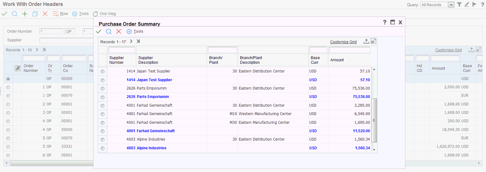 Purchase Order Summary form