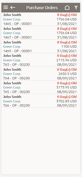 Purchase Orders List screen