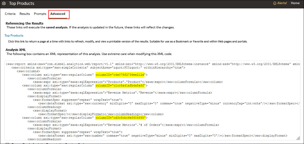 XML in Advanced tab of the analysis editor