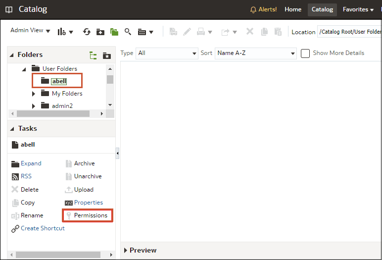 Catalog page in Oracle Analytics Cloud Classic