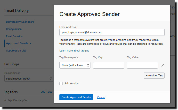 Create Approved Sender dialog