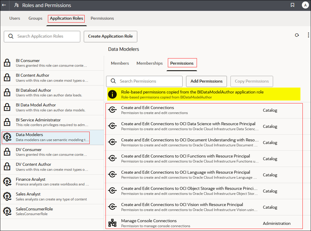 Permissions tab for an application copied from a predefined application role