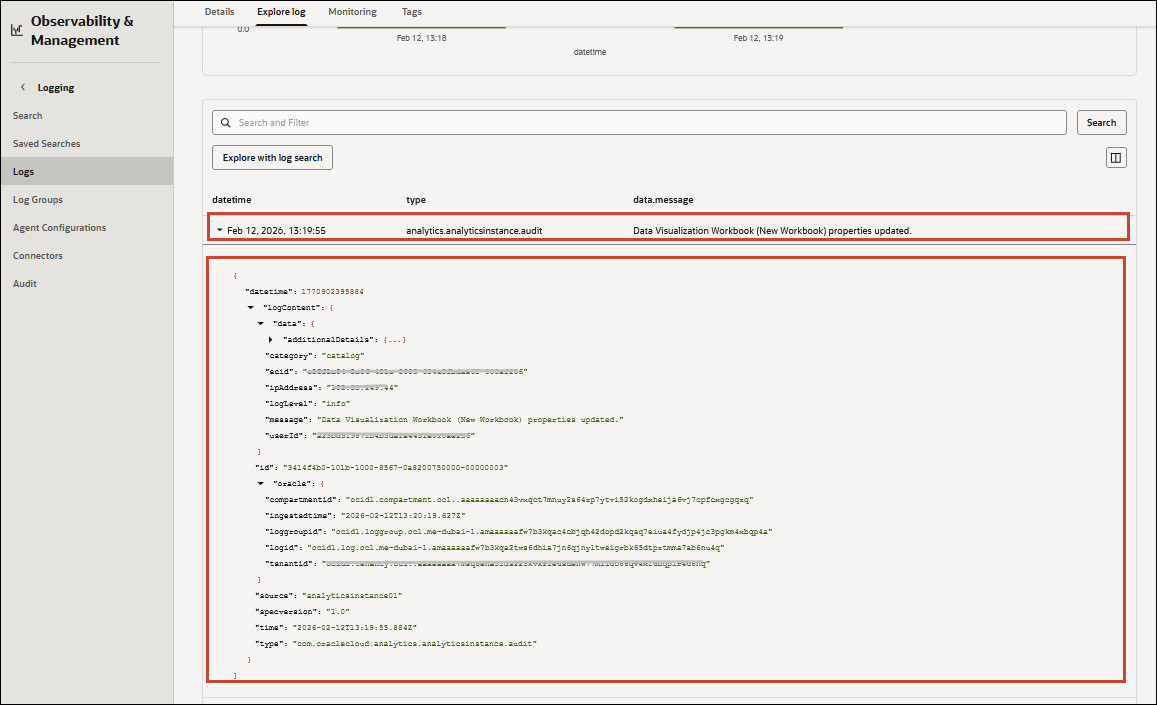 Log detail in the data section Log detail in the data section