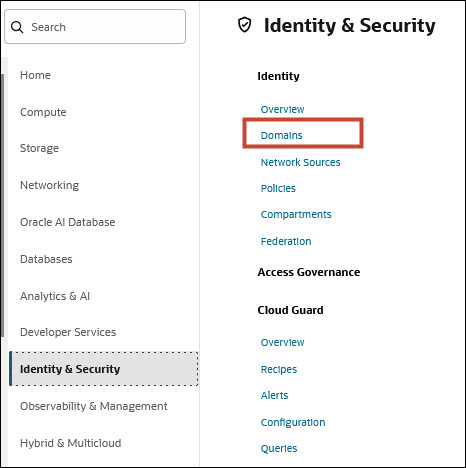Identity & Security category showing Domains