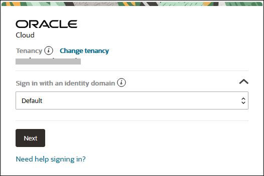 Select an identity domain screen Select an identity domain screen