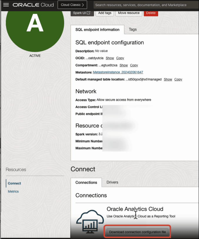 Description of oci-data-flow-sql-endpoint-credentials-download.png follows Description of oci-data-flow-sql-endpoint-credentials-download.png follows