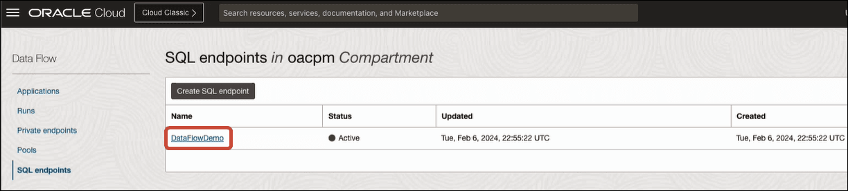 Description of oci-data-flow-sql-endpoint-select.png follows Description of oci-data-flow-sql-endpoint-select.png follows